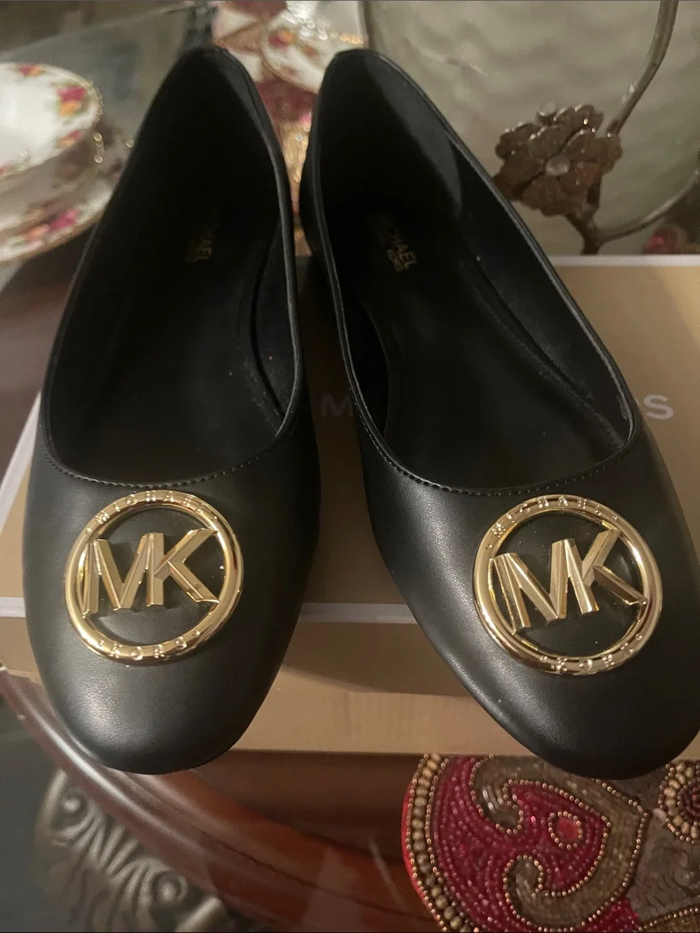 Michael Kors Black Leather Logo Ballet Flats with Gold MK Emblem